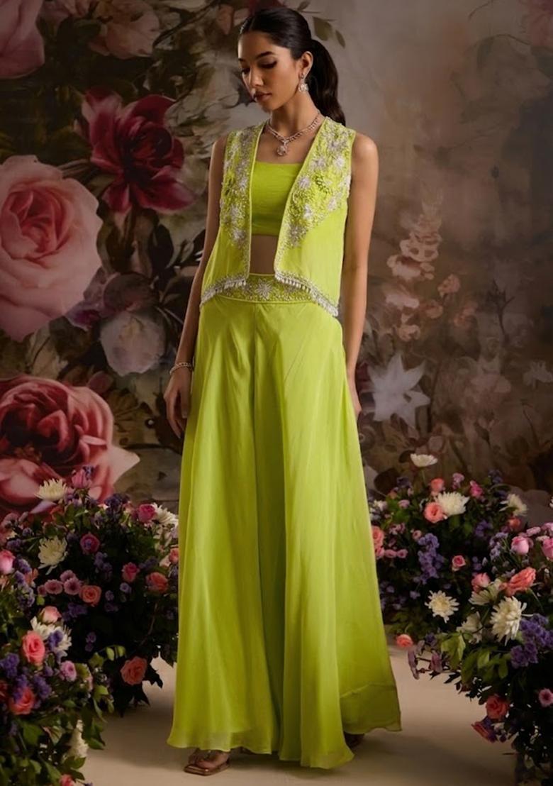 Bright Pink Hand Work Embellished Chinon Fusion Set - Indya