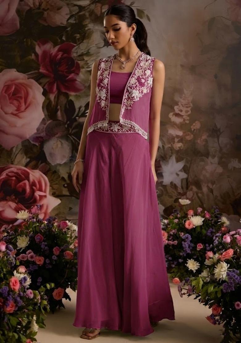 Soft Pink Hand Work Embellished Chinon Fusion Set - Indya