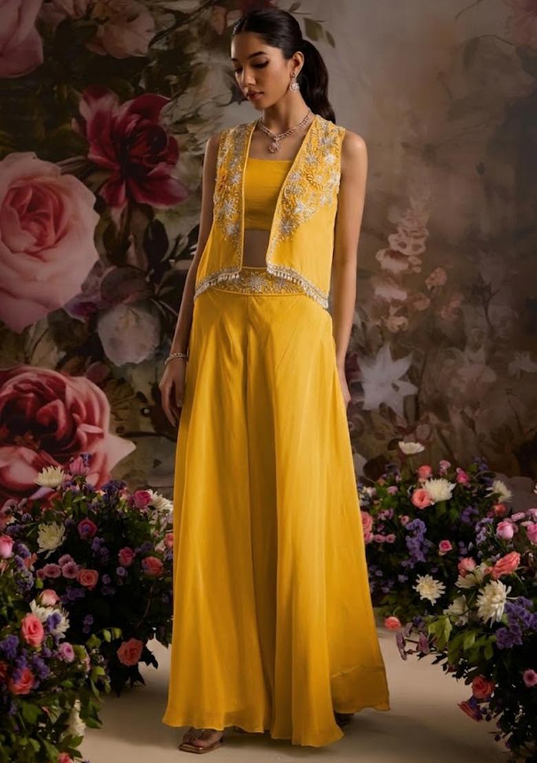 Bright Yellow Hand Work Embellished Chinon Fusion Set - Indya