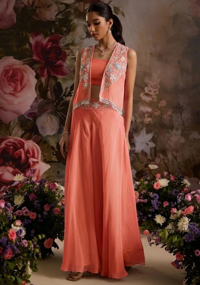 Coral Hand Work Embellished Chinon Fusion Set - Indya