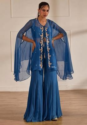 Deep Blue Hand Work Embellished Chinon Sharara Set