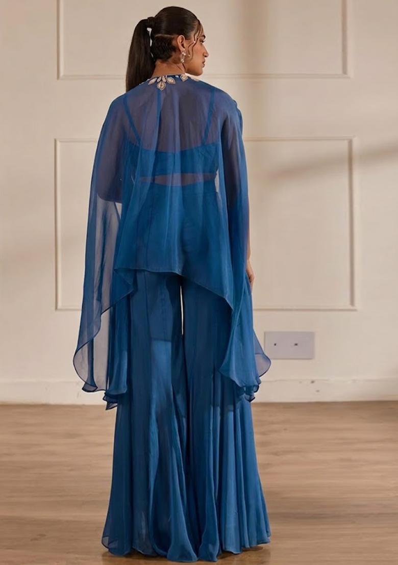 Deep Blue Hand Work Embellished Chinon Sharara Set - Indya