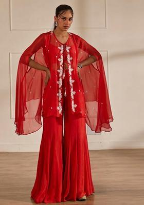 Deep Red Hand Work Embellished Chinon Sharara Set