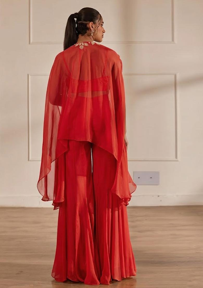 Deep Red Hand Work Embellished Chinon Sharara Set - Indya