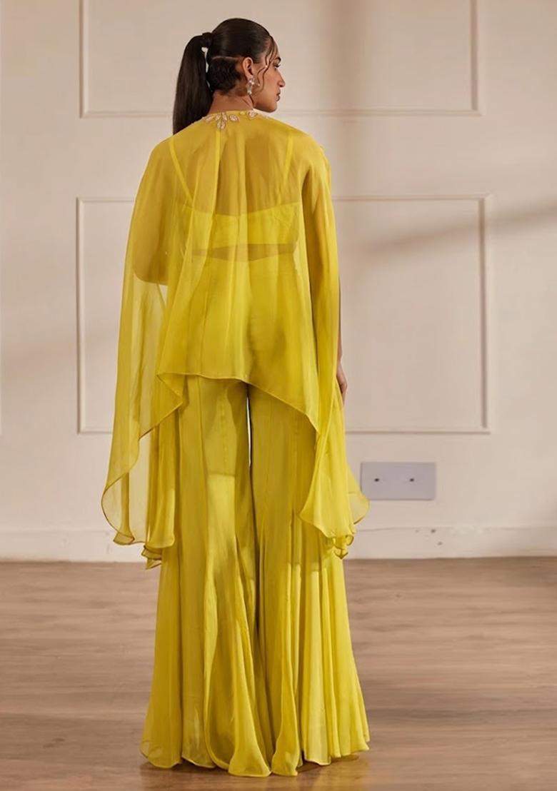 Bright Yellow Hand Work Embellished Chinon Sharara Set - Indya