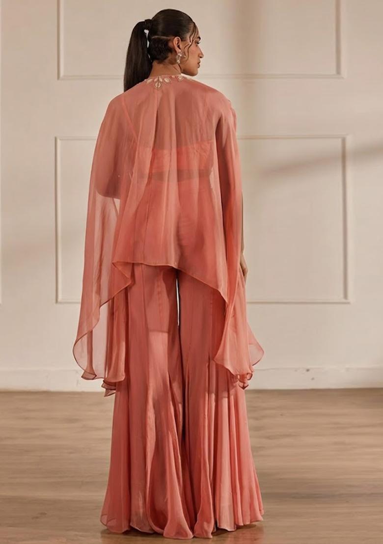 Blush Pink Hand Work Embellished Chinon Sharara Set - Indya