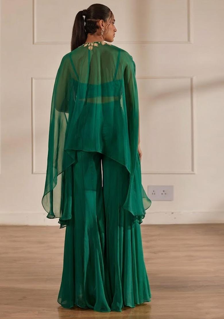 Emerald Green Hand Work Embellished Chinon Sharara Set - Indya