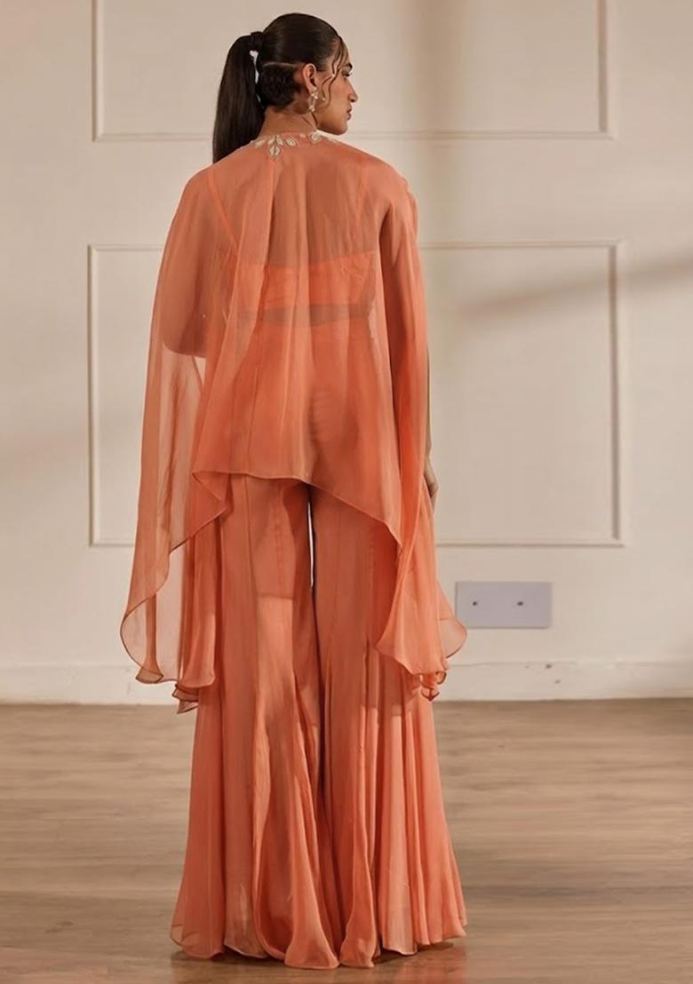 Peach Hand Work Embellished Chinon Sharara Set - Indya