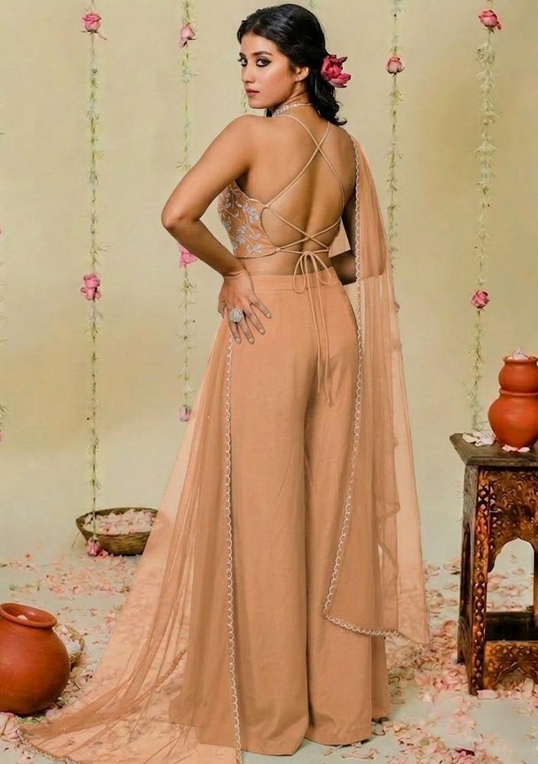 Light Yellow Hand Work Embellished Crepe Fusion Set - Indya