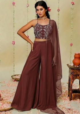 Brown Hand Work Embellished Crepe Fusion Set