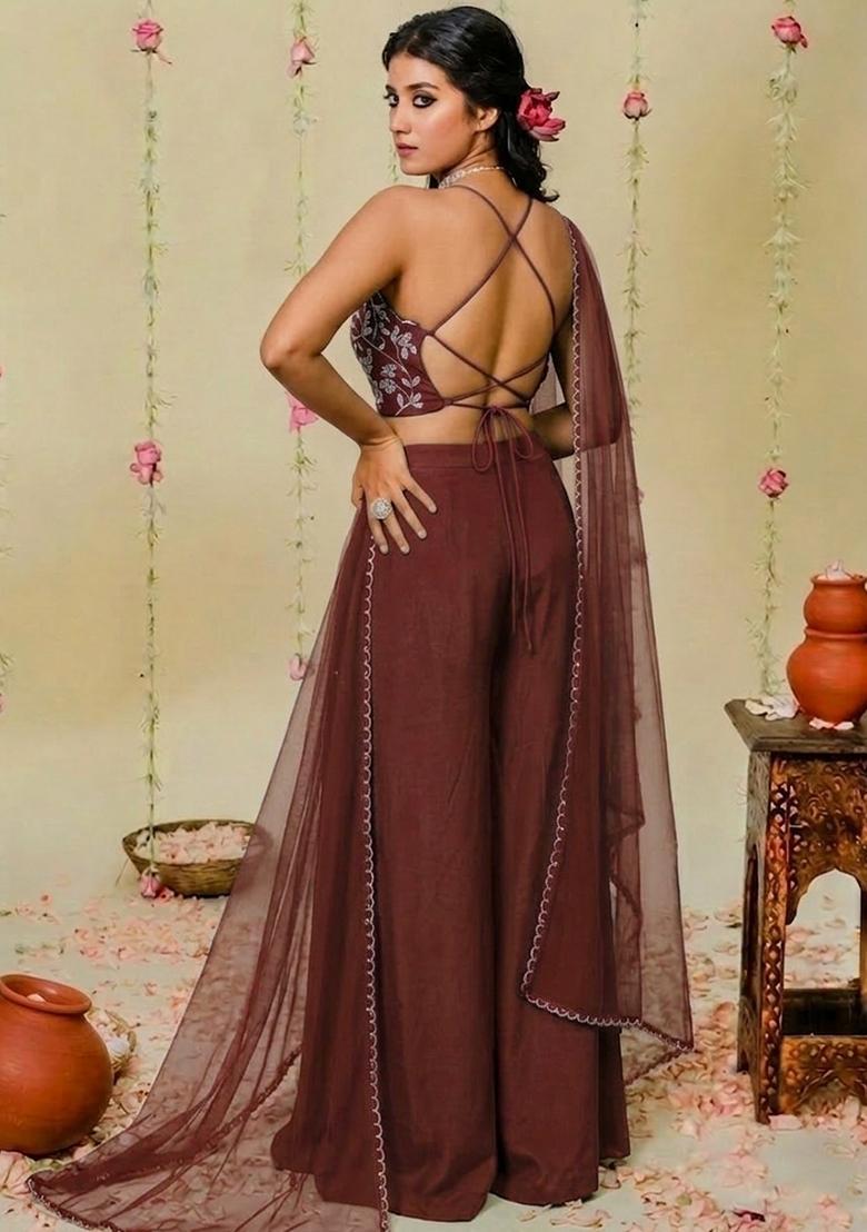 Brown Hand Work Embellished Crepe Fusion Set - Indya
