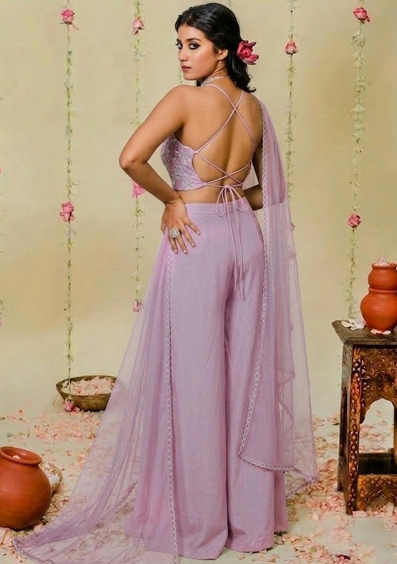 Lilac Hand Work Embellished Crepe Fusion Set - Indya
