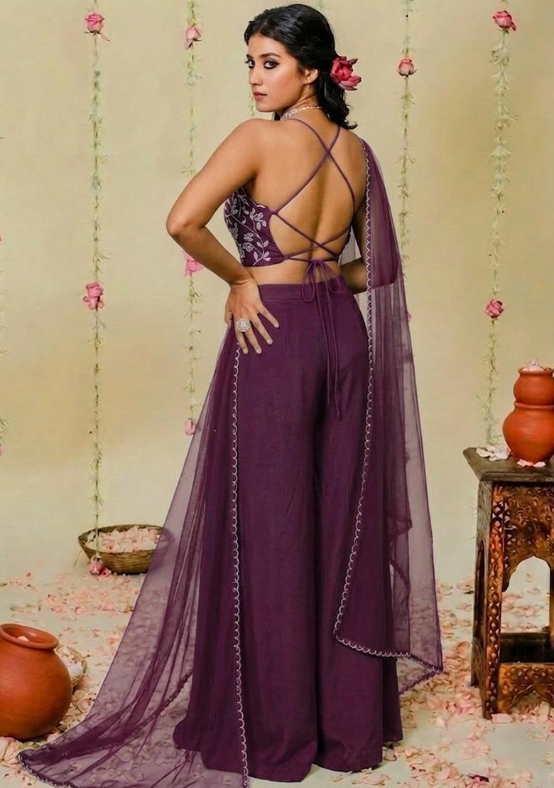 Plum Hand Work Embellished Crepe Fusion Set - Indya