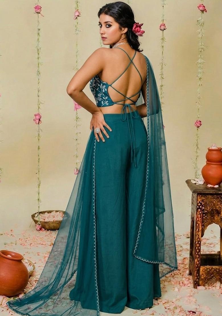 Deep Blue Hand Work Embellished Crepe Fusion Set - Indya