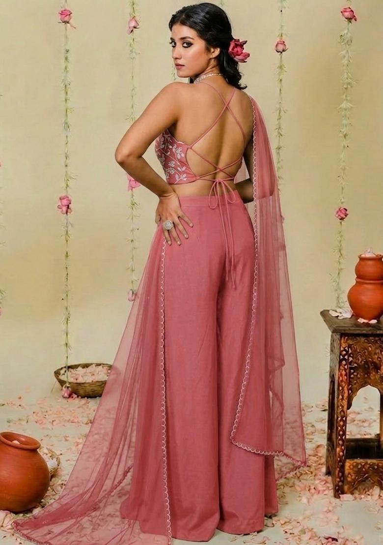 Rose Pink Hand Work Embellished Crepe Fusion Set - Indya