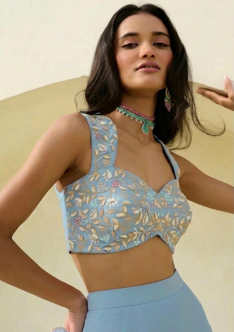 Light Blue Hand Work Embroidered Georgette Lehenga Set - Indya