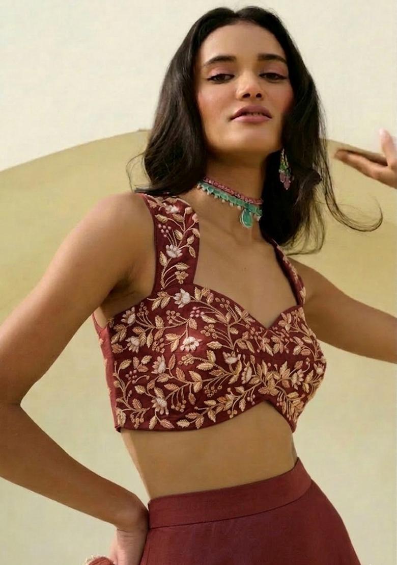 Rust Brown Hand Work Embroidered Georgette Lehenga Set - Indya