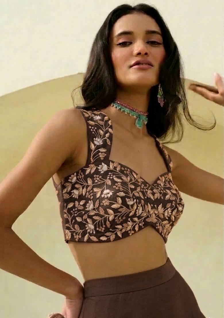 Coffee Brown Hand Work Embroidered Georgette Lehenga Set - Indya