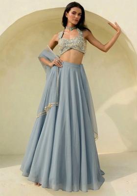 Deep Blue Hand Work Embroidered Georgette Lehenga Set