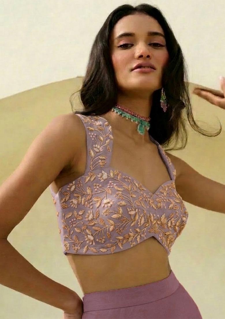 Mauve Hand Work Embroidered Georgette Lehenga Set - Indya