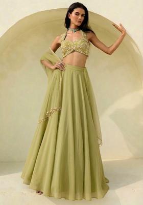 Light Green Hand Work Embroidered Georgette Lehenga Set