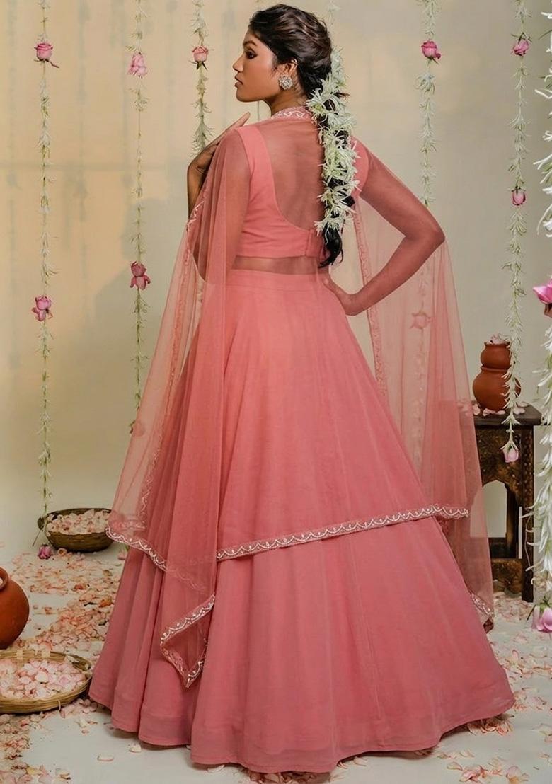 Coral Hand Work Embellished Georgette Lehenga Set - Indya