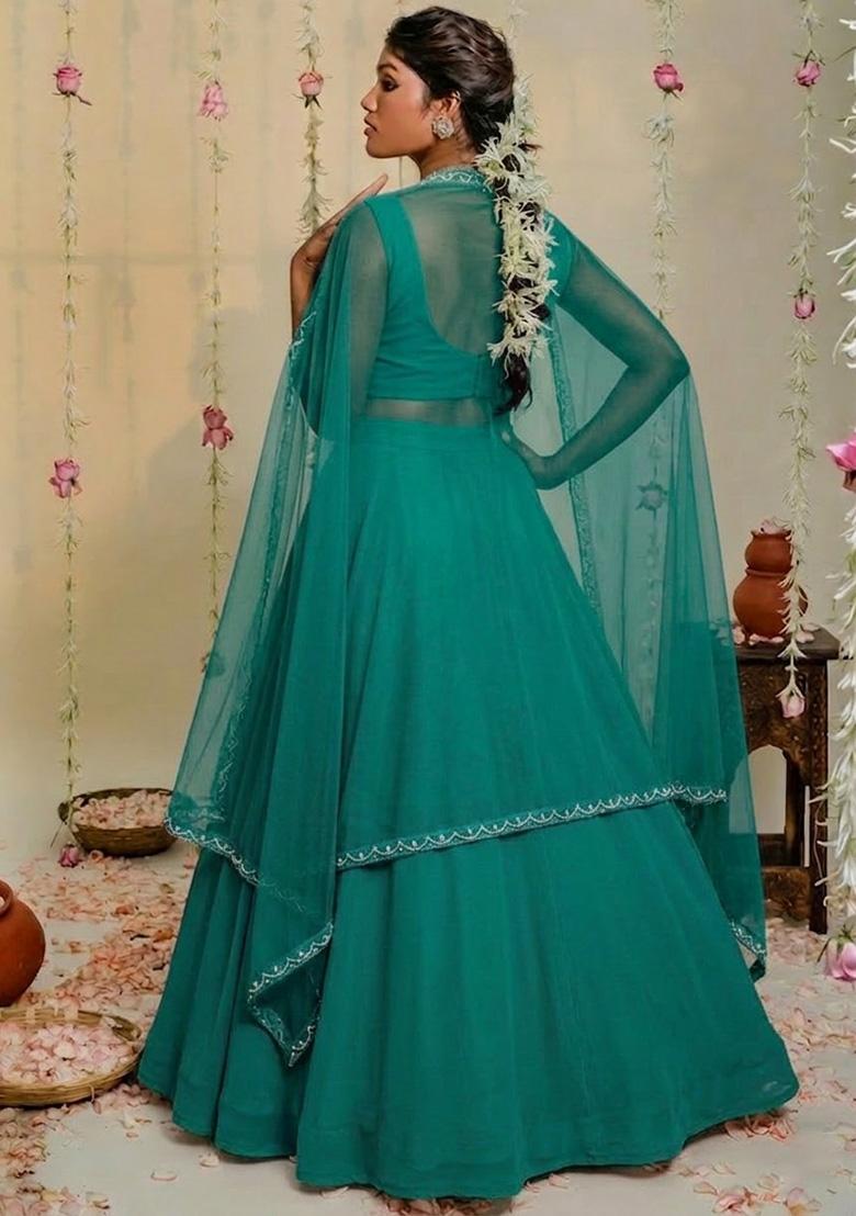Deep Blue Hand Work Embellished Georgette Lehenga Set - Indya