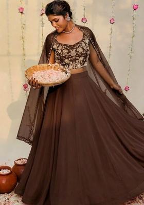 Dark Brown Hand Work Embellished Georgette Lehenga Set
