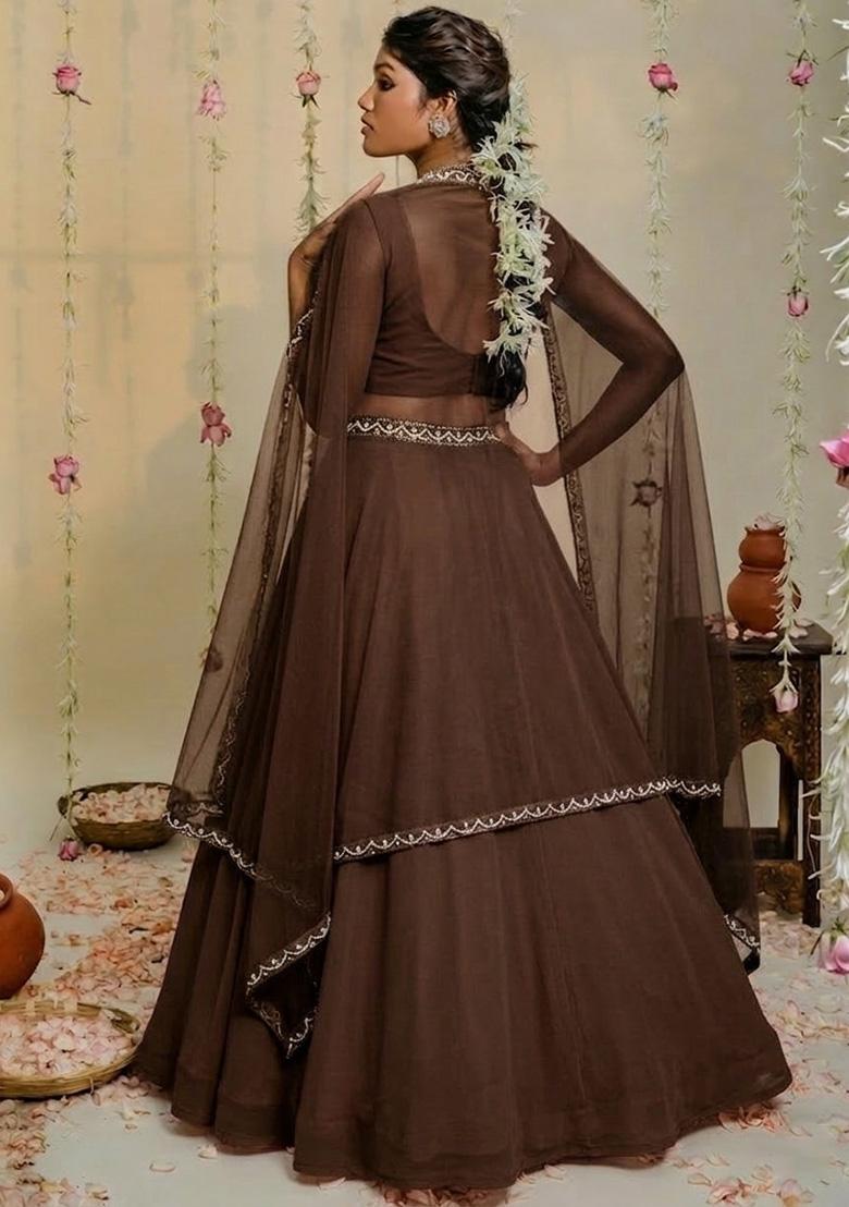 Dark Brown Hand Work Embellished Georgette Lehenga Set - Indya