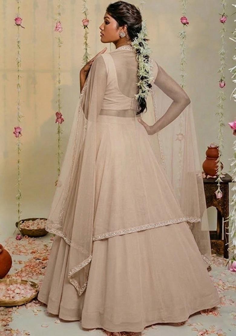 Beige Hand Work Embellished Georgette Lehenga Set - Indya