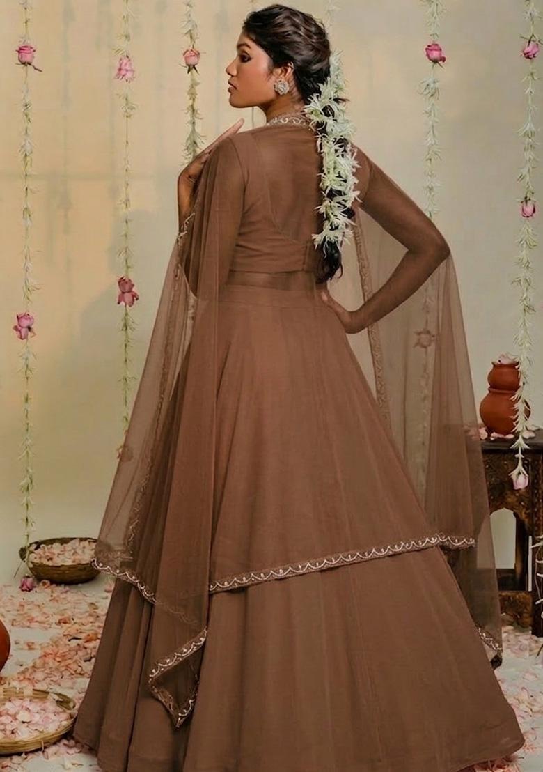 Taupe Brown Hand Work Embellished Georgette Lehenga Set - Indya