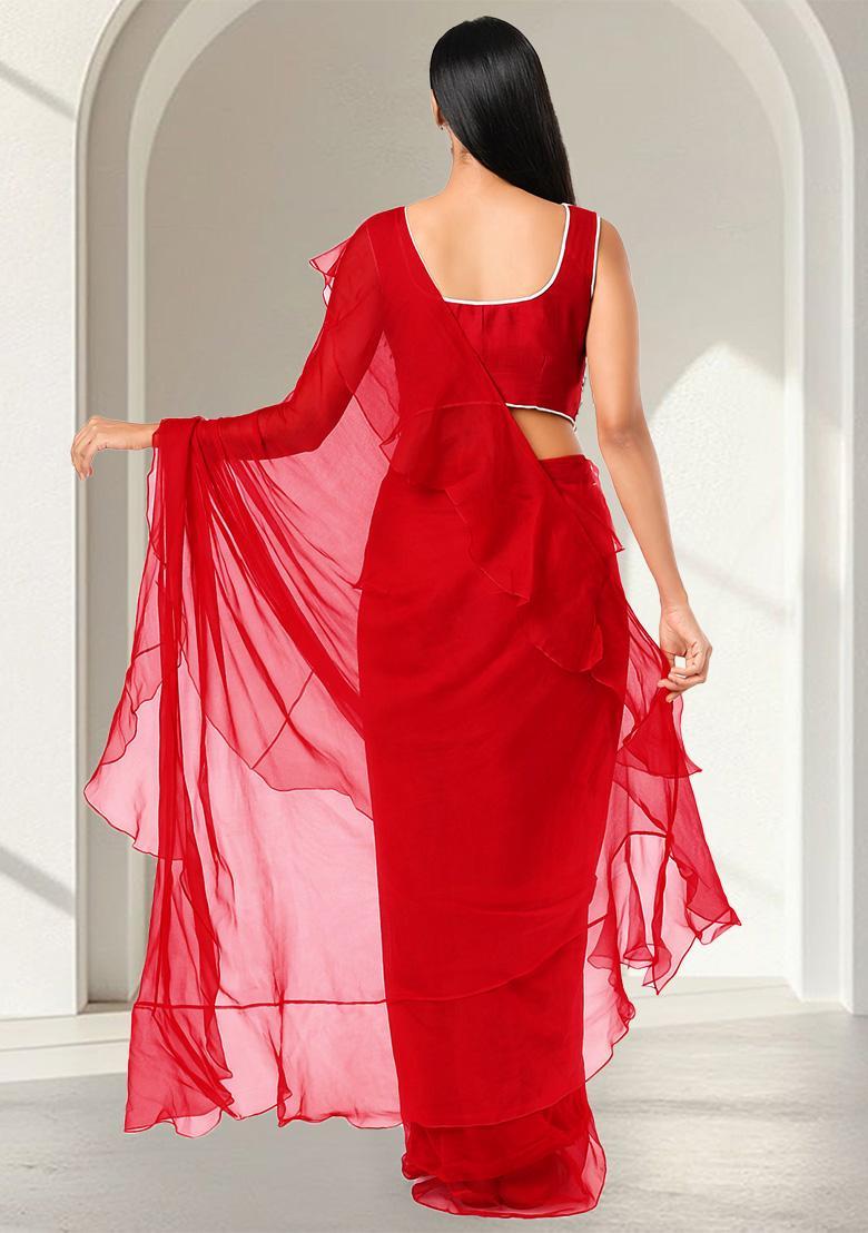 Bright Red Hand Work Embellished Chinon Pre Draped Saree Set - Indya