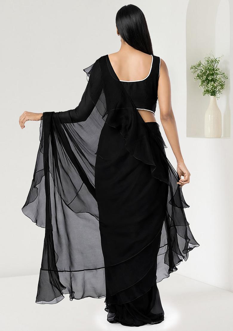Black Hand Work Embellished Chinon Pre Draped Saree Set - Indya