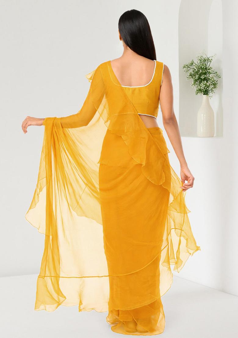 Golden Yellow Hand Work Embellished Chinon Pre Draped Saree Set - Indya