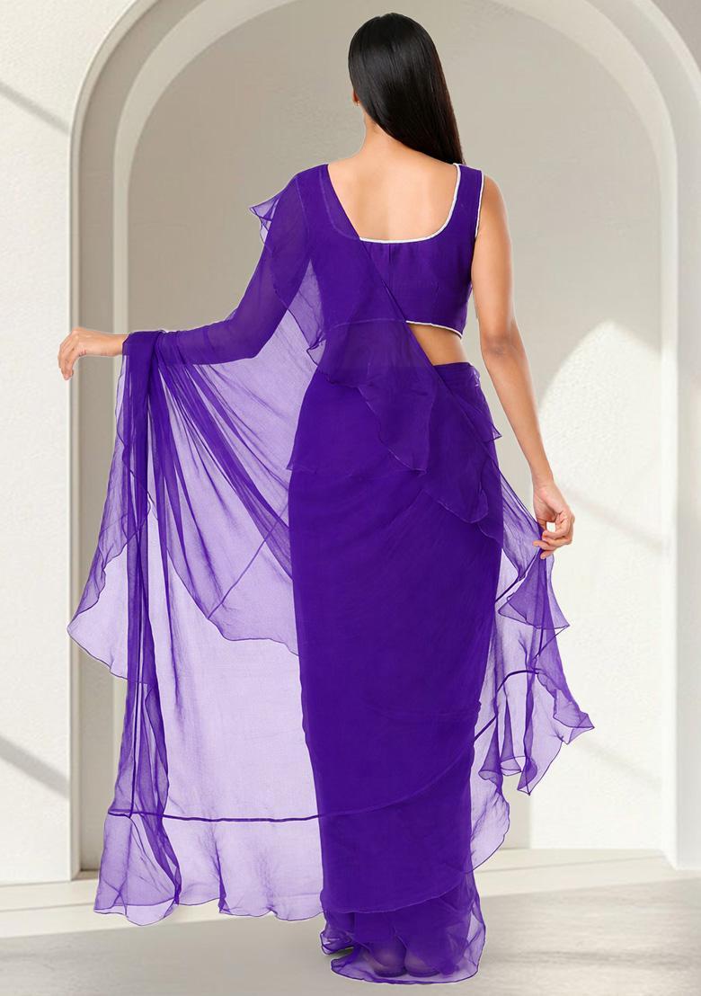 Violet Hand Work Embellished Chinon Pre Draped Saree Set - Indya