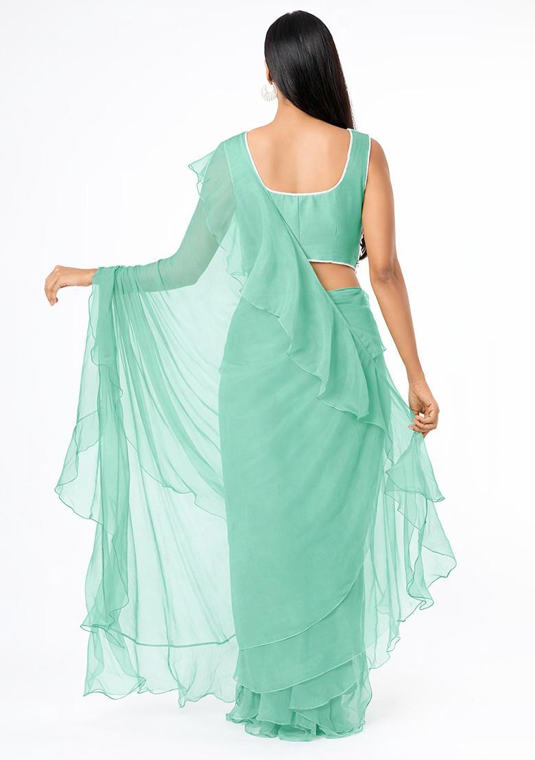 Mint Green Hand Work Embellished Chinon Pre Draped Saree Set - Indya