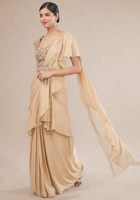 Beige Hand Work Embellished Chinon Pre Draped Saree Set