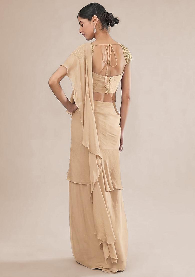 Beige Hand Work Embellished Chinon Pre Draped Saree Set - Indya