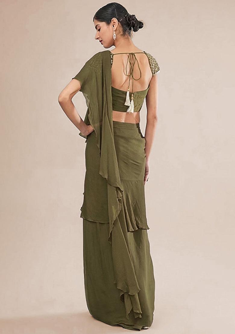 Light Green Hand Work Embellished Chinon Pre Draped Saree Set - Indya