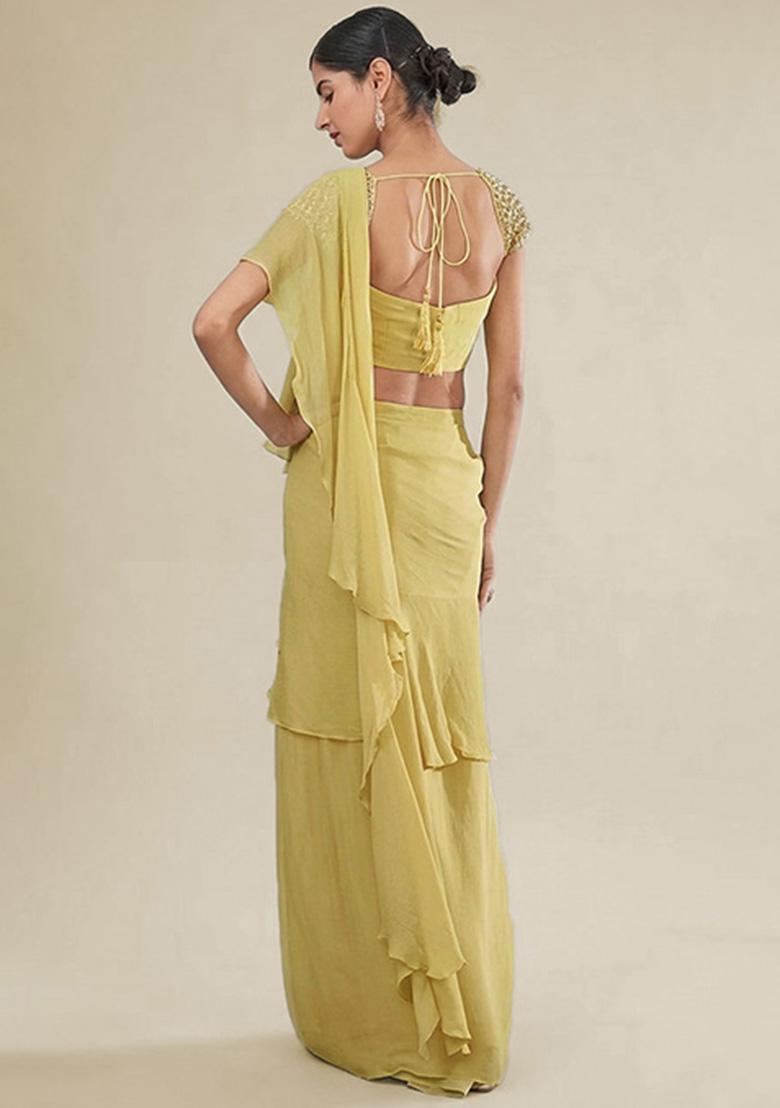 Soft Pink Hand Work Embellished Chinon Pre Draped Saree Set - Indya