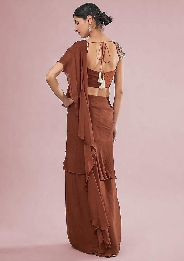 Brown Hand Work Embellished Chinon Pre Draped Saree Set - Indya