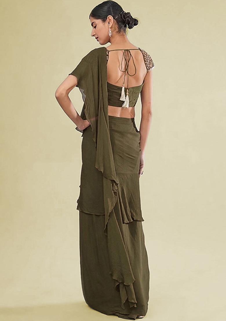 Olive Green Hand Work Embellished Chinon Pre Draped Saree Set - Indya