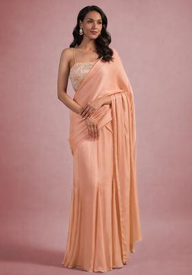 Peach Hand Work Embellished Satin Pre Draped Saree Set