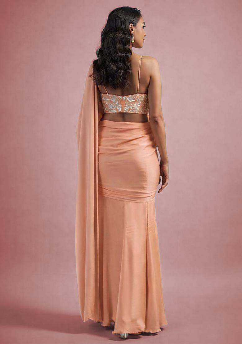Peach Hand Work Embellished Satin Pre Draped Saree Set - Indya