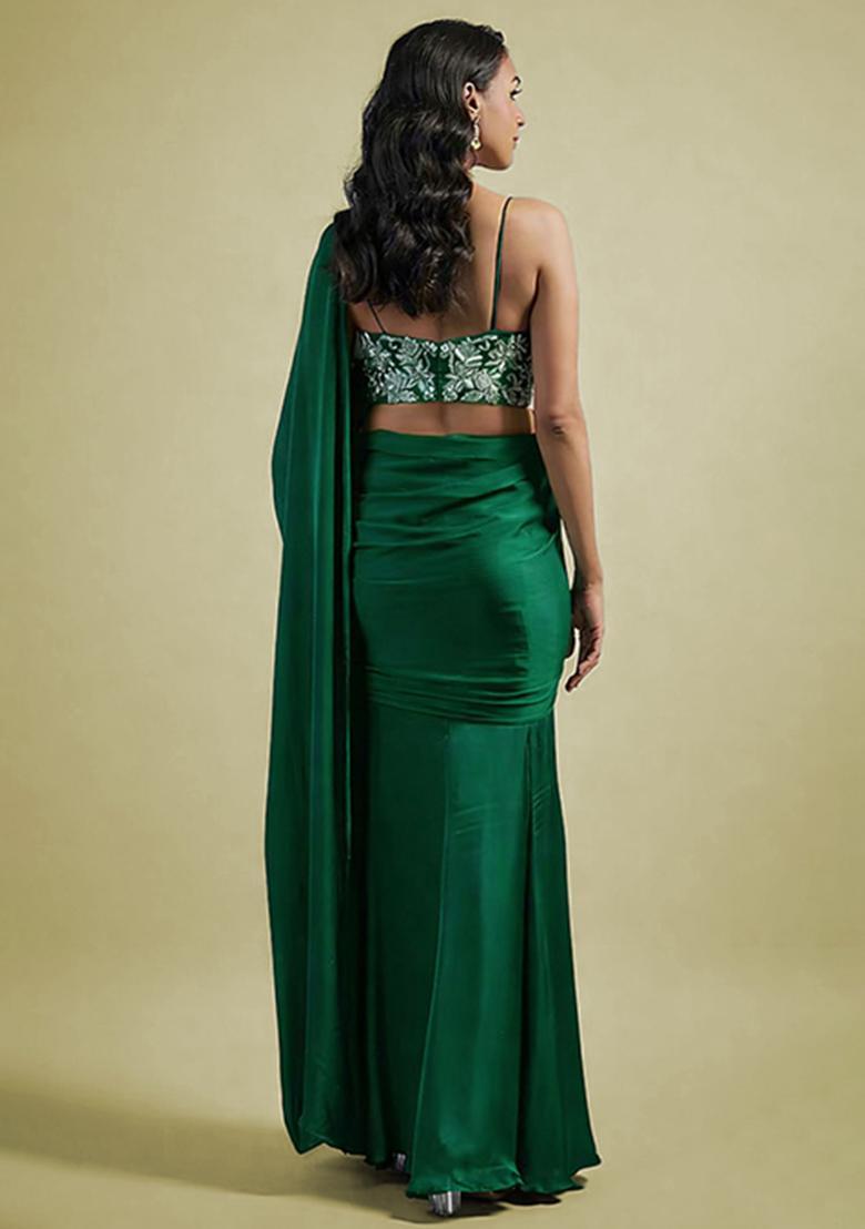 Dark Green Hand Work Embellished Satin Pre Draped Saree Set - Indya