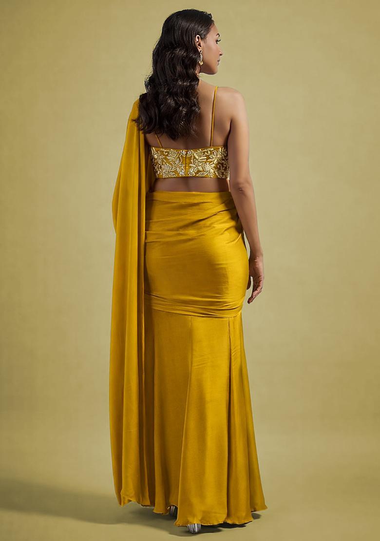 Golden Yellow Hand Work Embellished Satin Pre Draped Saree Set - Indya