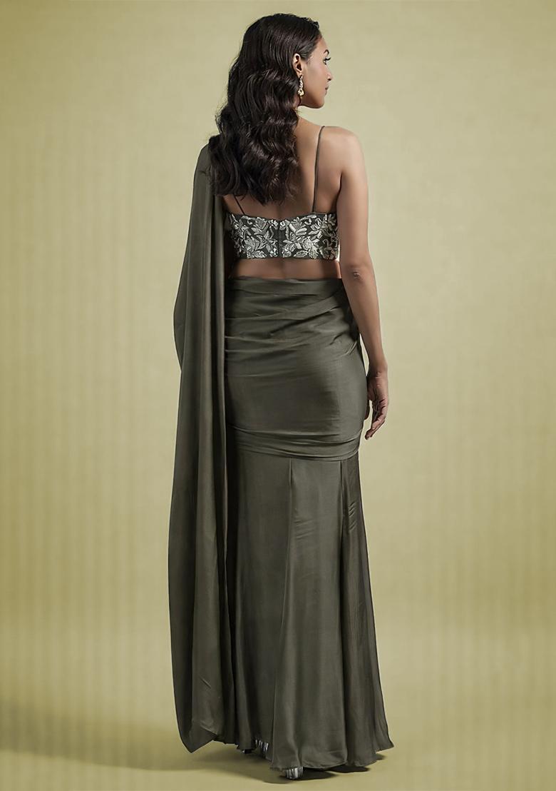 Dark Grey Hand Work Embellished Satin Pre Draped Saree Set - Indya