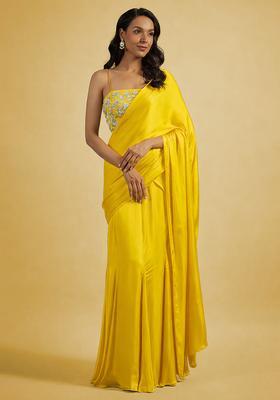 Bright Yellow Hand Work Embellished Satin Pre Draped Saree Set