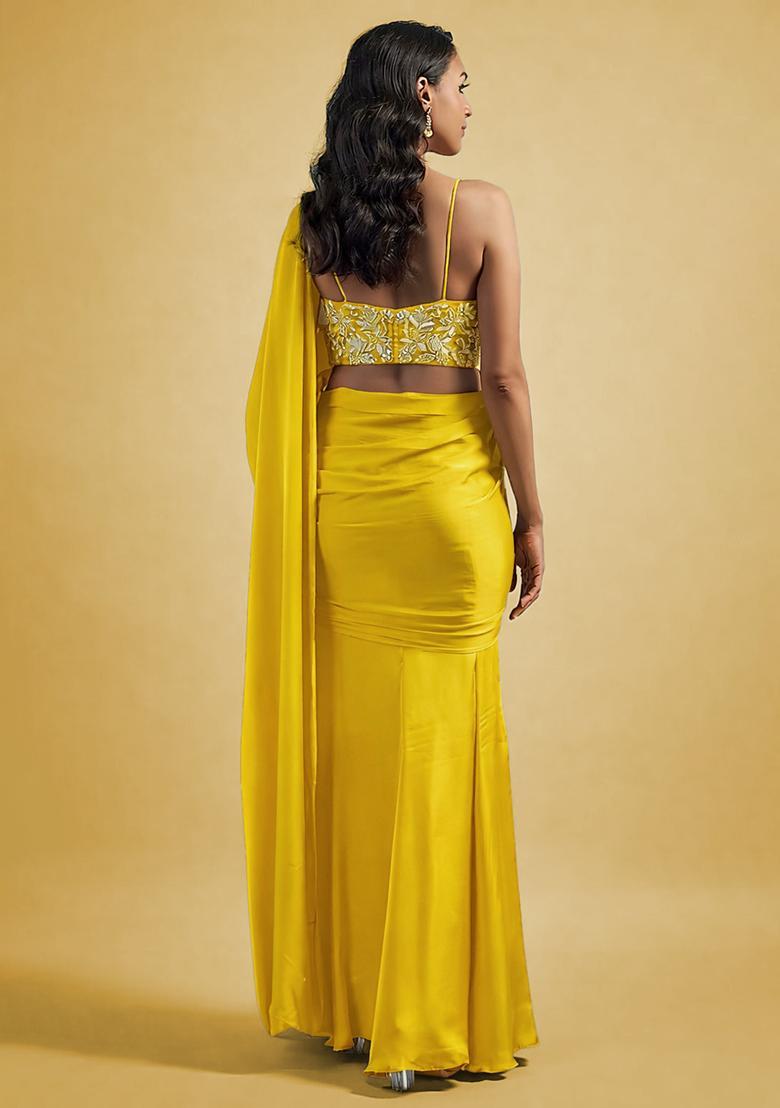 Bright Yellow Hand Work Embellished Satin Pre Draped Saree Set - Indya