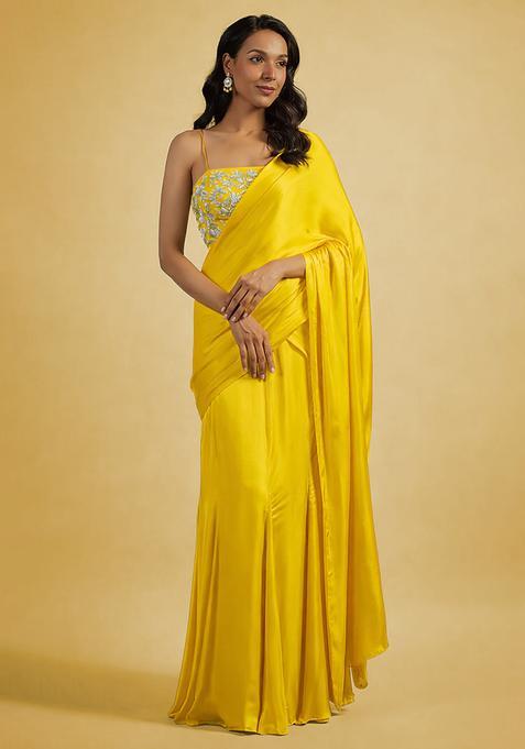 Bright Yellow Hand Work Embellished Satin Pre Draped Saree Set